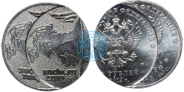 25 рублей 2014 СПМД Олимпиада в Сочи (Факел), двойной удар (фото: аукцион coins.ee)